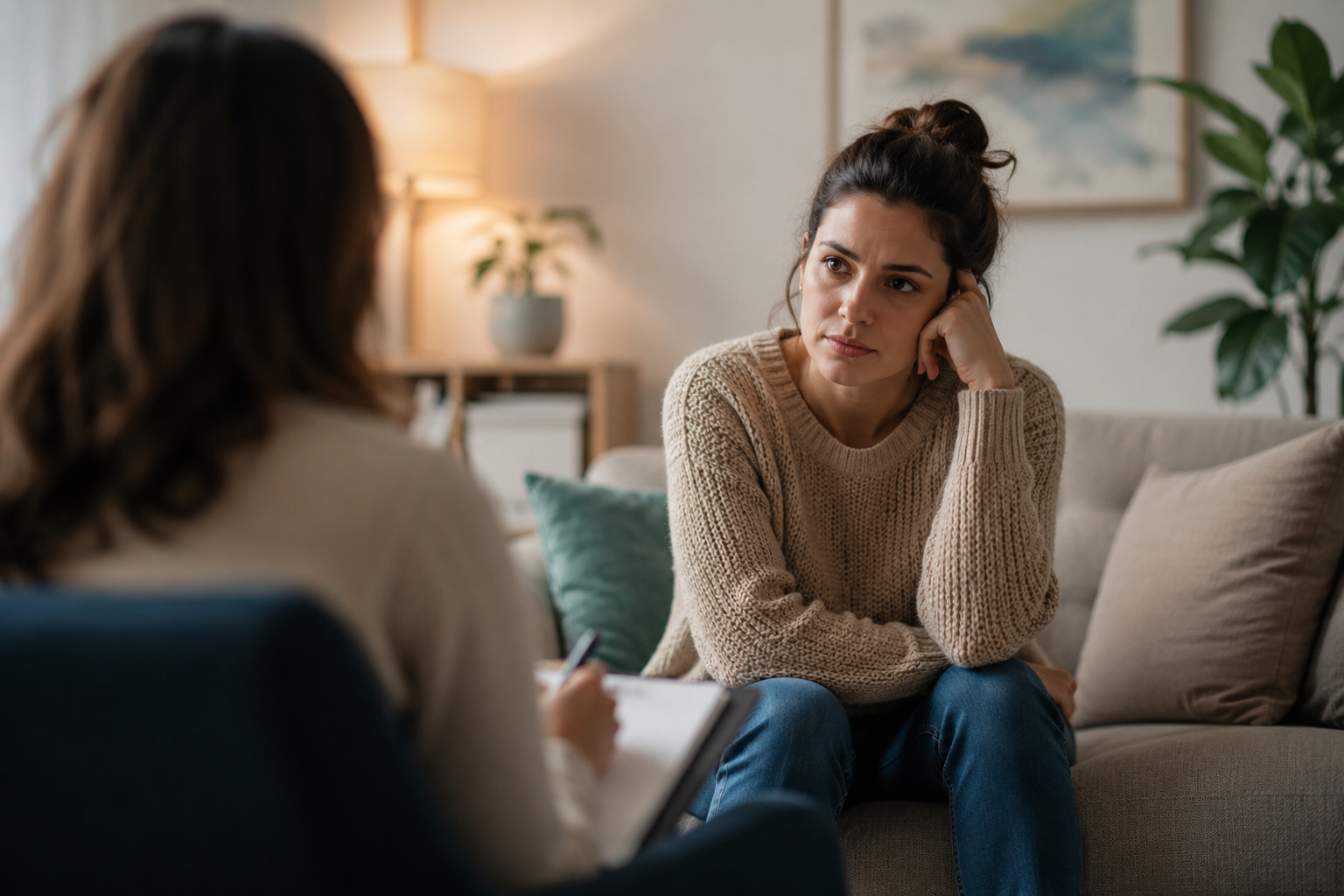 Paciente durante una sesión de terapia psicológica Persona conversando con su psicóloga durante una sesión de terapia psicológica en un entorno tranquilo y acogedor.
